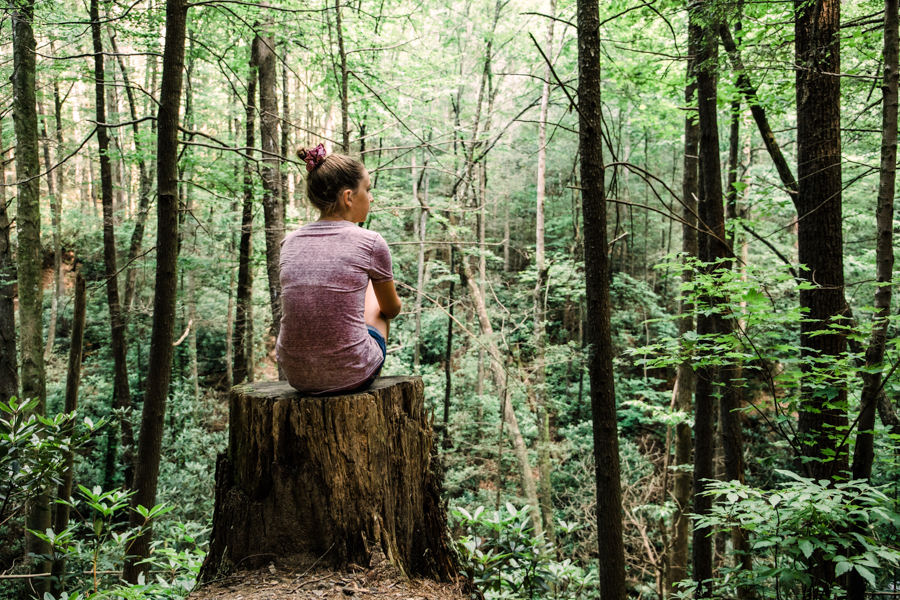 Young woman resting on a stump withing a forest in Massachusetts.